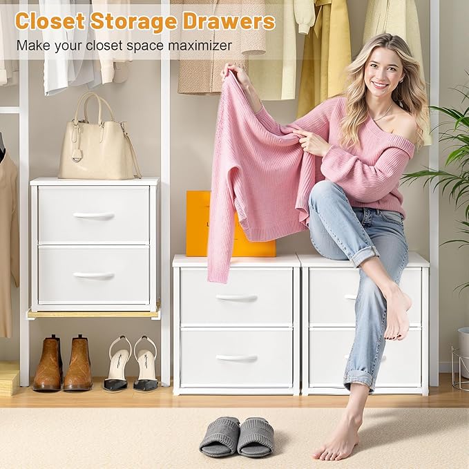 DAOUTIME 2-Pack Stackable Storage Drawers (4 Drawers Total), White Closet Organizer with Wooden Top & Metal Frame, Freestanding or Stackable Dresser for Bedroom, Living Room, Under Bed - Image 5