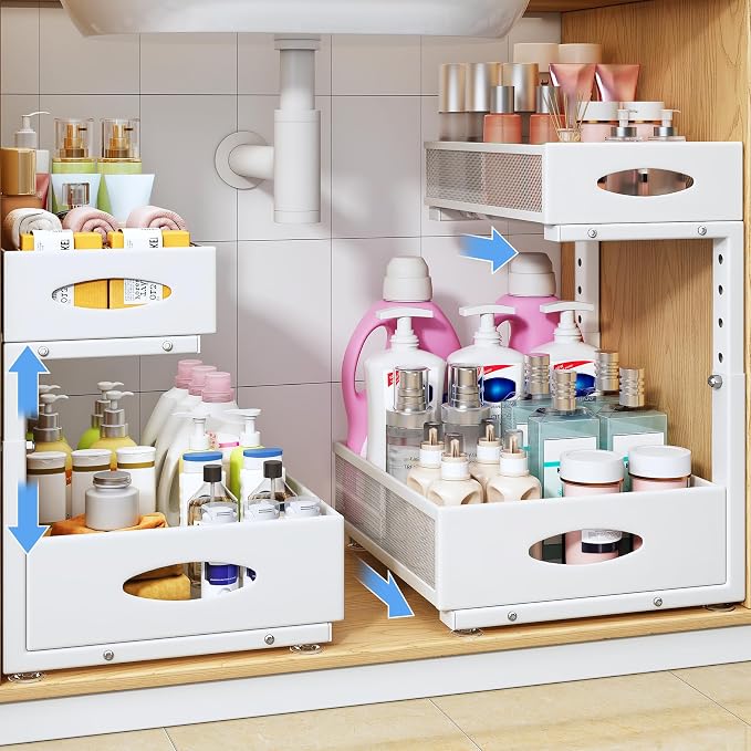 Under Sink Organizer, 2 Pack 2 Tier Pull Out Under Cabinet Organizer Shelf with Pad for Framed Cabinets, Metal Slide Out Under Sink Storage, Mesh Sliding Drawers for Kitchen Bathroom Laundry, White by PXRACK