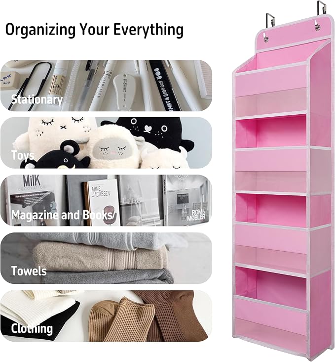 TYMENSH Pink Over Door Organizer with 4 Large Clear Pockets, Hanging Door Storage for Nursery, Bedroom, Bathroom, Closet, Toys, Diapers, Cosmetics, Baby Essentials - Image 6