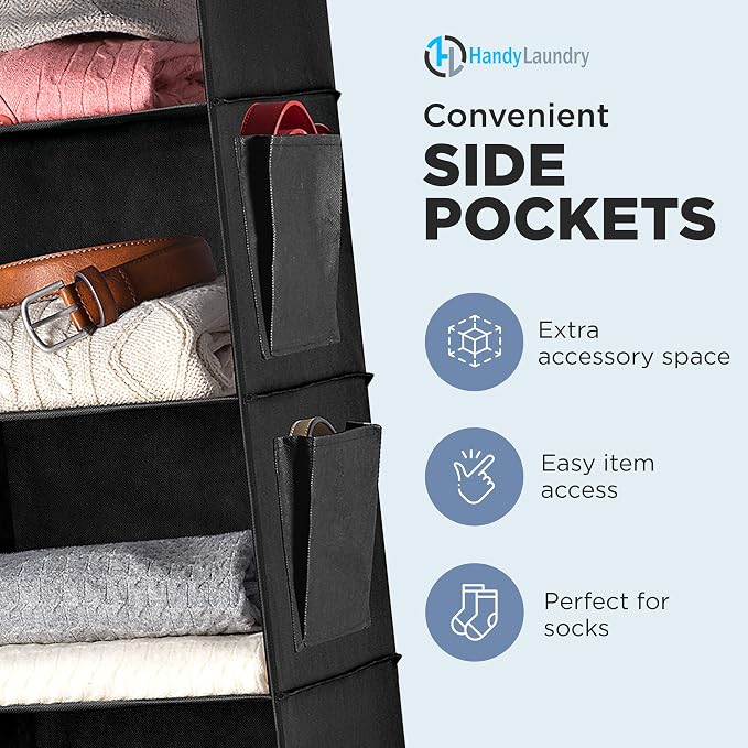 Handy Laundry Hanging Closet Organizer - 6 Shelf Storage for Clothes, Sweaters, Shoes & Accessories - Space-Saving Wardrobe Shelves with Hooks for Dorm, RV & Small Closet Organization (Black) - Image 5