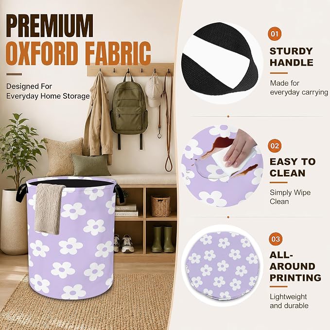 Floral Laundry Basket with Handles,Purple Foldable Oxford Clothes Hamper with Groovy Flowers, Portable Dirty Clothes Storage Bucket for Laundry Room Bedroom Bathroom Dorm Decor,20.8x16 Inch - Image 3