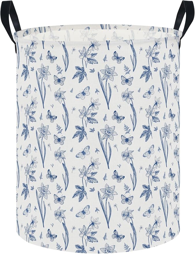 62L Blue Floral Butterfly Waterproof Laundry Hamper with Durable Leather Handle,Kids Collapsible Storage Basket for Nursery,Playroom, Bedroom(Indigo Flowers） by NTAOHAMPER