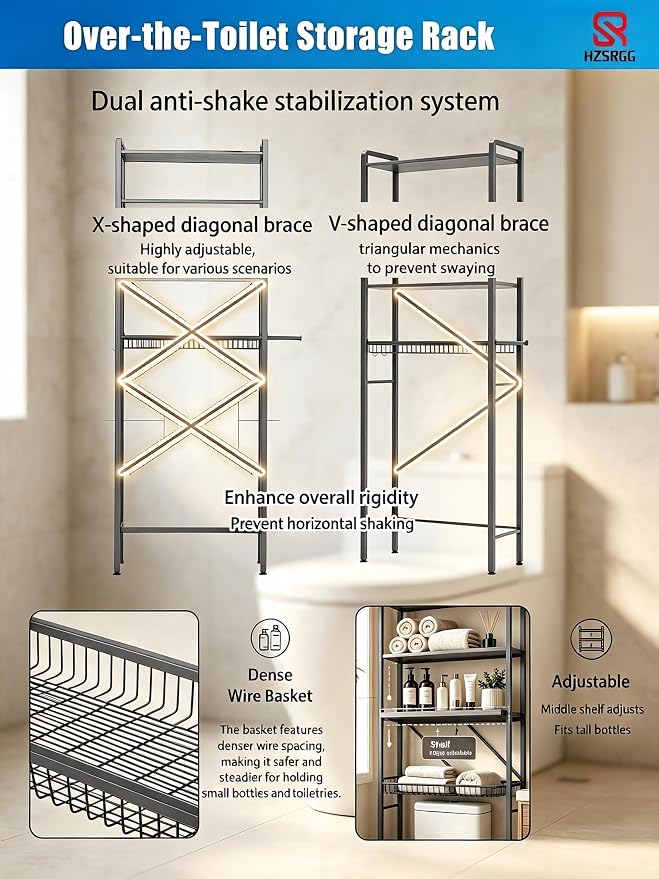 Easy Installation Over The Toilet Storage Cabinet, 4-Tier 3-Screw Quick Install Bathroom Organizer, No Handyman Required, Laser Welding, eco-Friendly Paint Coating.(Grey) - Image 2
