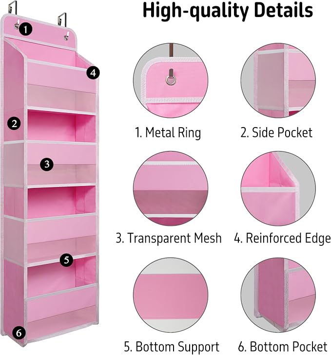 TYMENSH Pink Over Door Organizer with 4 Large Clear Pockets, Hanging Door Storage for Nursery, Bedroom, Bathroom, Closet, Toys, Diapers, Cosmetics, Baby Essentials - Image 4