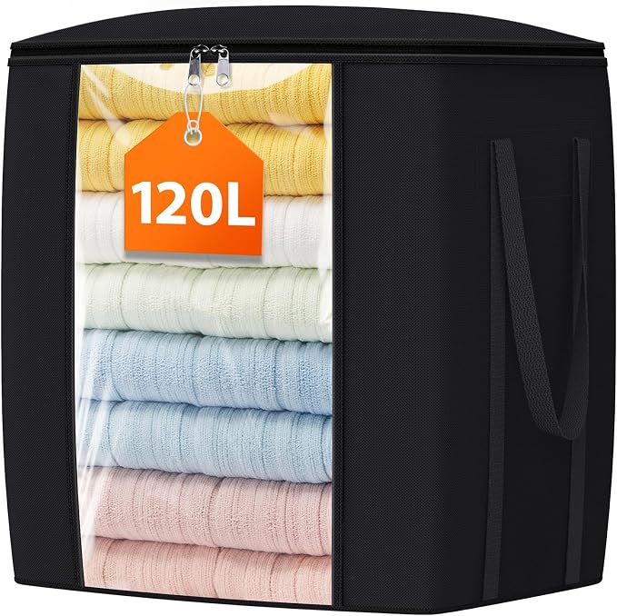 TasticTotes 120L Extra Large Blanket Clothes Storage Bags, Black, 1 Pack | Foldable Blanket Storage and Organization, Thick Fabric Containers with Reinforced Handles & Zippers for Comforters, Bedding by Unknown