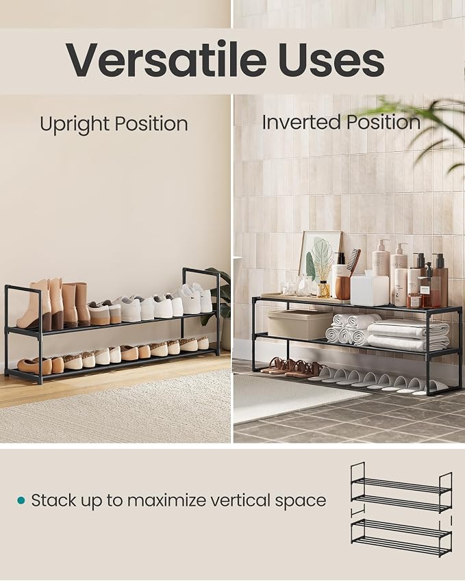 SONGMICS Shoe Rack, 2-Tier Shoe Organizer, Metal Storage Shelf | for Entryway, Upright or Upside Down, for 15-18 Pairs, Stackable, 11.8 x 46.1 x 14 Inches, Black ULSA032B01 - Image 4