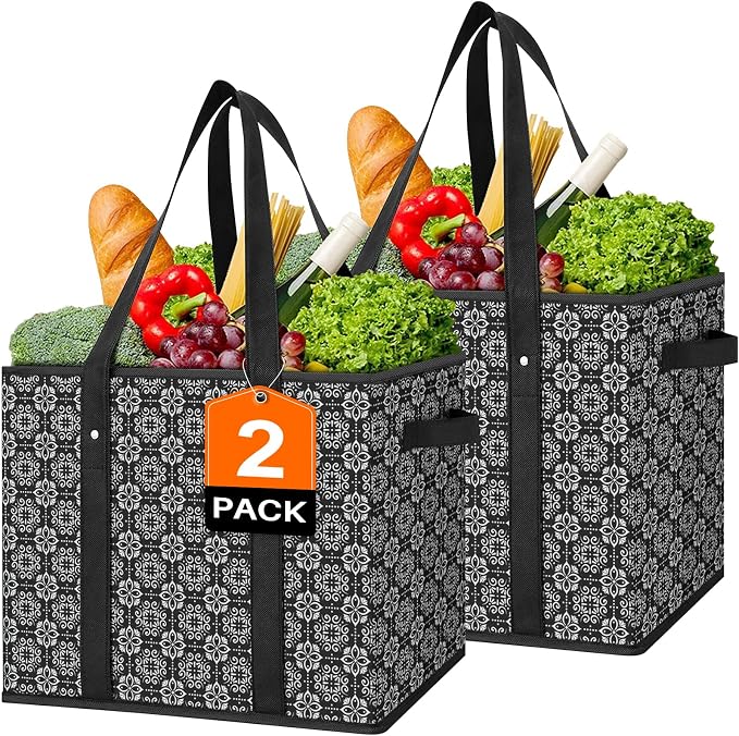 Reusable Grocery Bags 2 Pack, Foldable & Water Resistant Shopping Bags by WiseLife