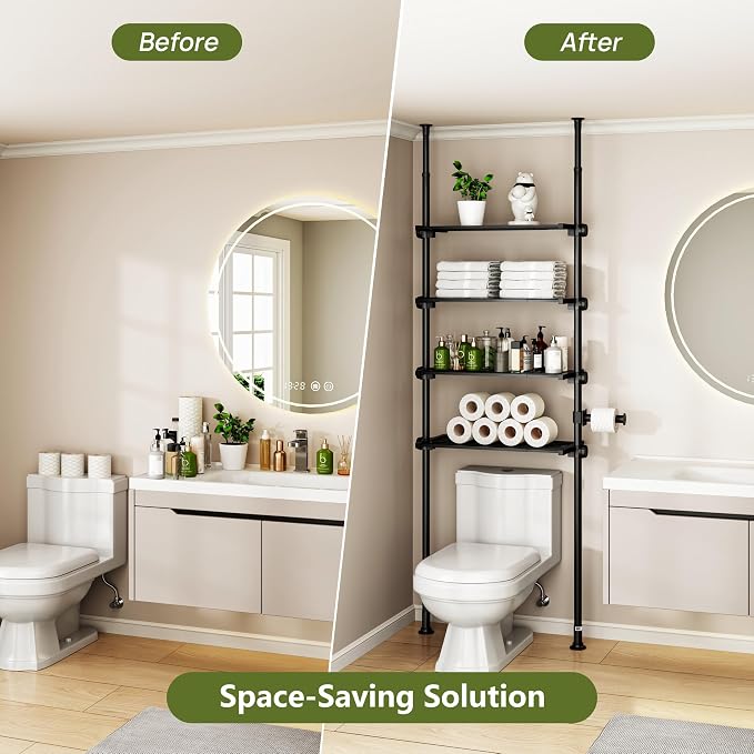 ALLZONE Adjustable Over The Toilet Storage Shelf, 4-Tier Ample Bathroom Organizer and Storage, Tension Mounted Above Toilet Storages Cabinet for Versatility, Fits 66-113 Inch Heights, Black - Image 7