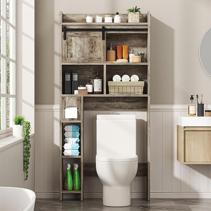 kepptory Over the Toilet Cabinet with Sliding Barn Door，Dark Grey by kepptory