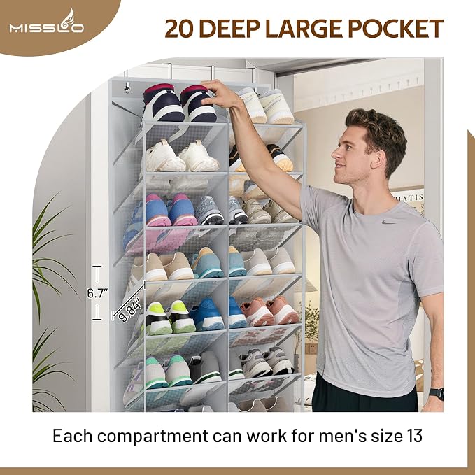 MISSLO 30 Pairs Over the Door Shoe Organizer Breathable Mesh Hanging Shoe Rack for Closet Storage with Wide Deep Pockets 10 Tier Shoes Holder Fit All the Family's Sneakers, Boots, Heels (Grey, 71") - Image 3