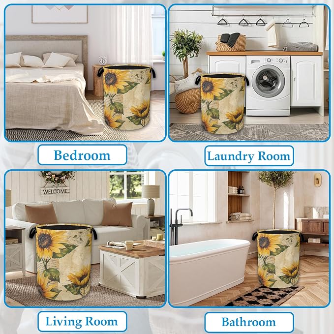 Vintage Sunflowers Laundry Basket Collapsible Laundry Hamper, Oxford Cloth Storage Bin for Room/Bathroom/Bedroom/Dormitories 16" X 20.8" - Image 6