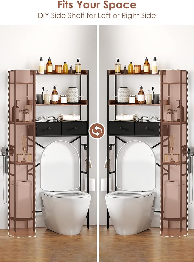 Over The Toilet Storage Rack, 7-Tier Over Toilet Bathroom Organizer with Adjustable Shelf, Above Toilet Storage with Hooks, Space-Saving, Brown Shelf - Image 4