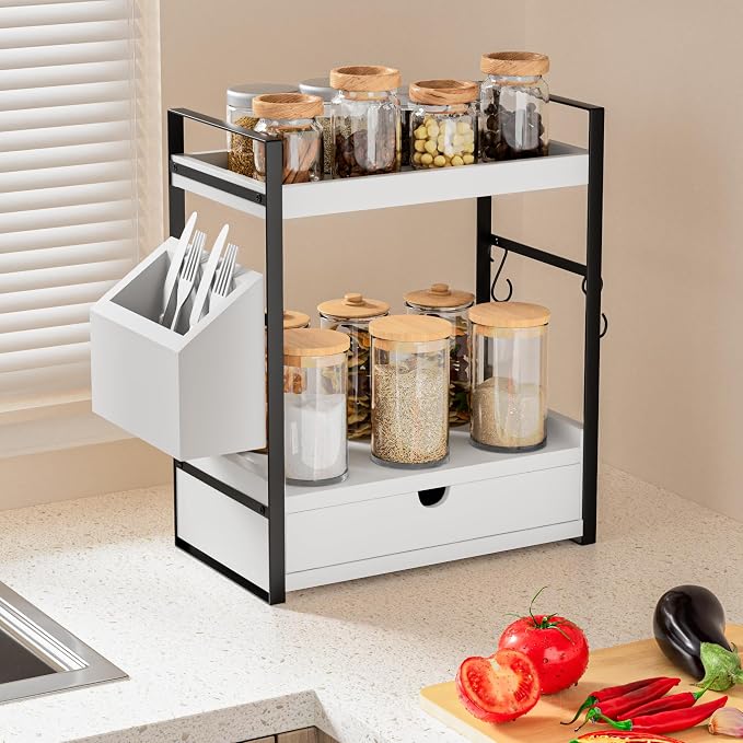 2-Tier Bathroom Counter Organizer, Wooden Vanity Shelf with Drawer & Basket - Image 5