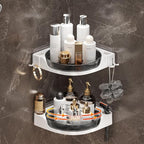 akinbas Corner Shower 2 Tier Caddy Lazy Susan Organizer 360 Rotating Corner Shelf Wall Mounted with No Drilling Shelves for Bathroom Dorm and Kitchen (Black) by AKINBAS