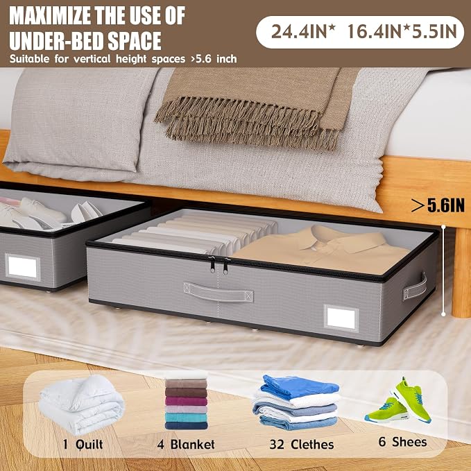 EE-RoomWorld Under Bed Storage with Wheels, No Assemble Required 5.5 inches height grey under bed storage bins,Low Profile Rolling Underbed Shoe Storage containers，dorm underbed storage drawers - Image 2
