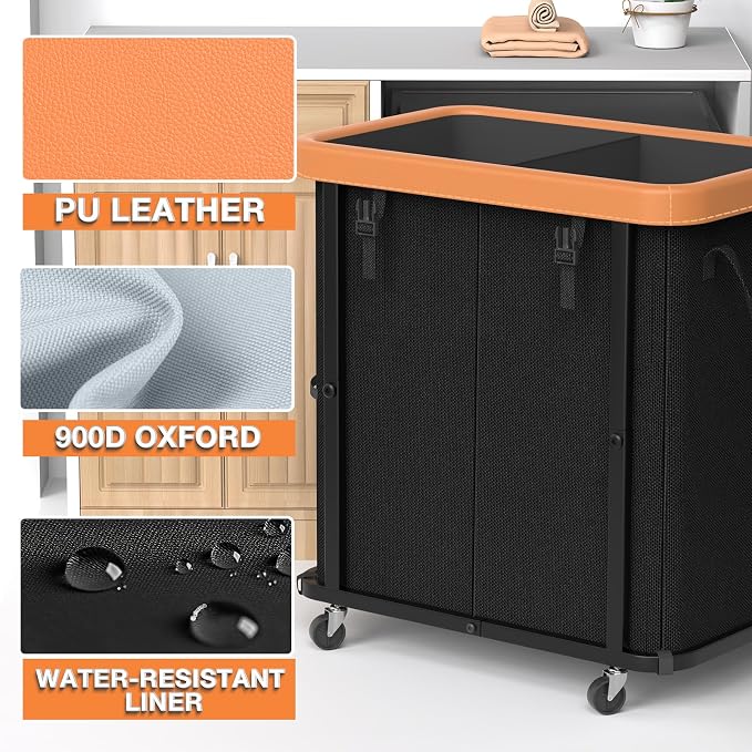 Laundry Basket with Wheels,190L Leather Patchwork Laundry Hamper 2 Setion - Image 2