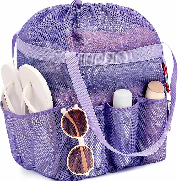 Fammart Mesh Shower Caddy Portable with Drawstring, Dorm Room Essentials for College Girls Guys, 8-Pocket Large Shower Bag Basket Tote for Camping Beach Gym Travel Toiletry Bathroom by Fammart