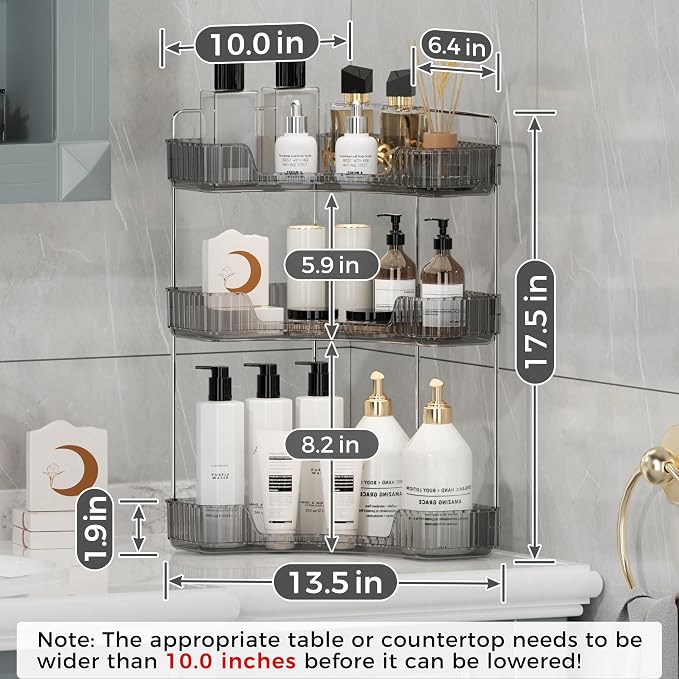 YCIA&DONE Corner Bathroom Counter Organizer, Makeup Organizer for Vanity, Skincare Cosmetic Perfume Tray, Corner Countertop Shelf Rack Storage for Bathroom Kitchen 3Tiers (Smoky Gray) - Image 7