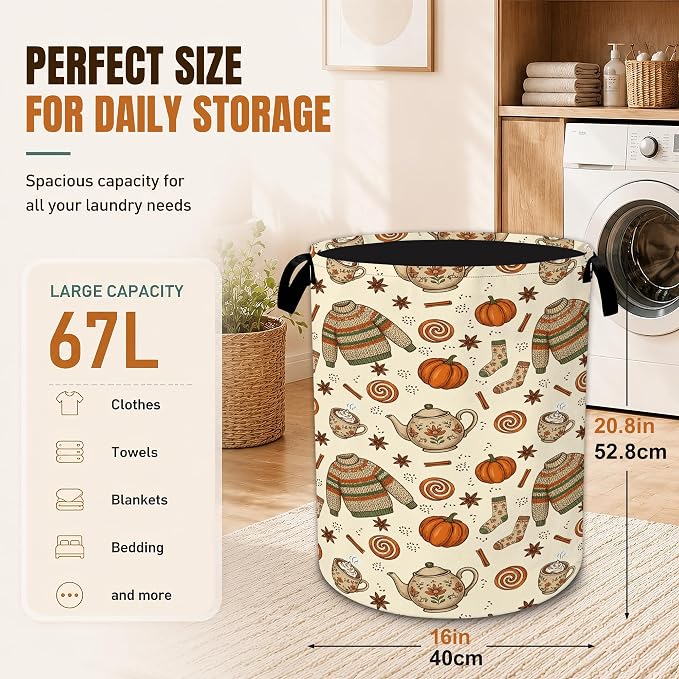 Autumn Sweater Laundry Basket,Fall Pumpkin Foldable Oxford Clothes Hamper with Handles, Portable Dirty Clothes Storage Bucket for Laundry Room Bedroom Bathroom Dorm Decor,20.8x16 Inch - Image 2
