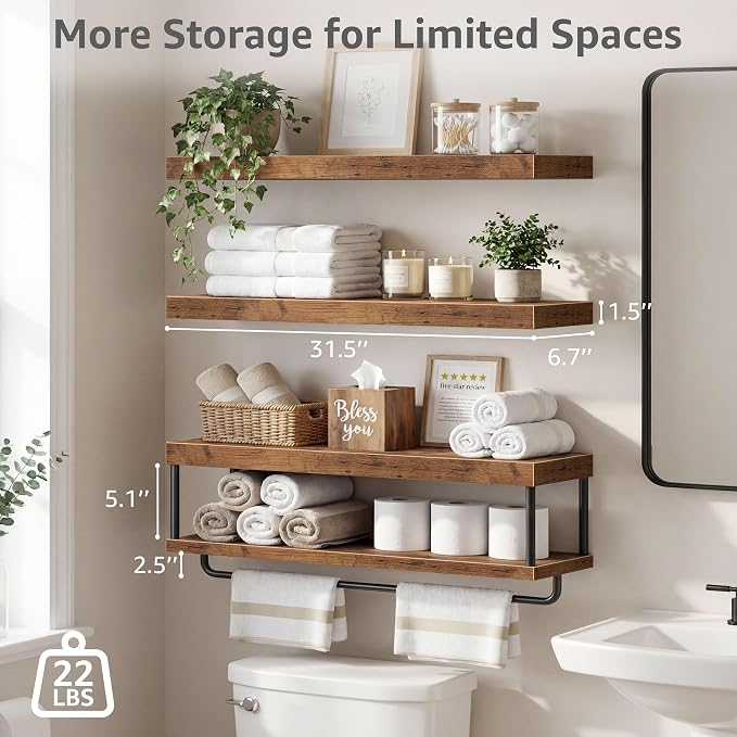 QEEIG Bathroom Floating Shelves Over Toilet - Wall Mounted Shelf Toilet Paper Storage Farmhouse 32 inch Long Set of 3, Rustic Brown (027-80BN3) - Image 3