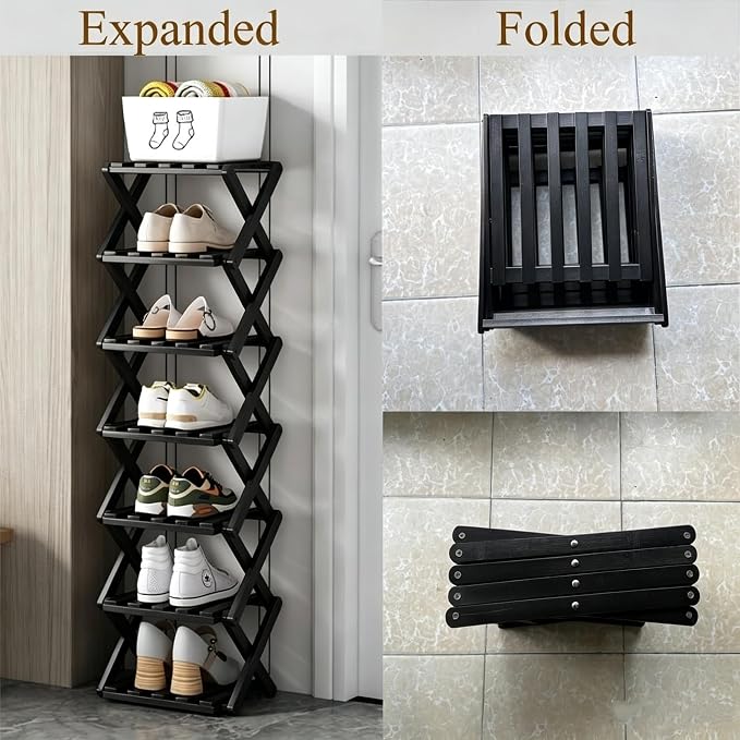 5 Tier Foldable Shoe Rack, Bamboo Vertical Shoe Organizer Tall for Multifunctional Narrow Shoe Shelf for Entryway, Closet, Corner, Bedroom, Hallway(Black) - Image 5