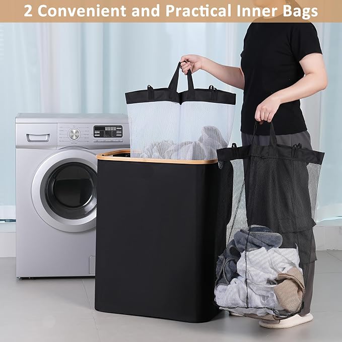 IEGrow Laundry Hamper with Lid,150L Laundry Basket with 2 Mesh Bags,Black - Image 4