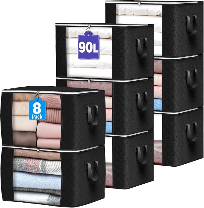 90L Large Storage Bags, 8 Pack Clothes Storage Bins Closet Organizers | Foldable Storage Containers, with Reinforced Handle, for Clothing, Blanket, Comforters, Bed Sheets, Pillows and Toys,Black by BuddingJoy-BuildaJoyfulLifeforYou