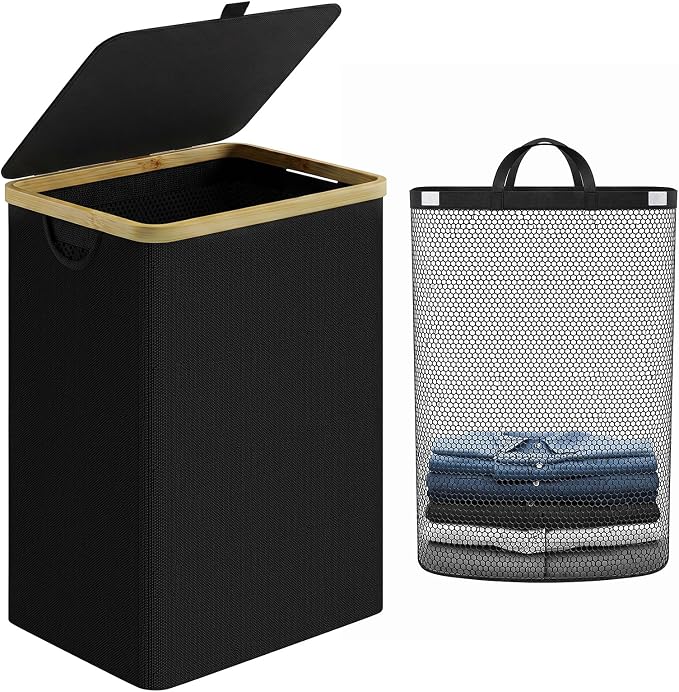 IEGrow Laundry Hamper with Lid,85L Laundry Basket with Mesh Bags,Black by iEGrow