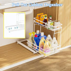 2 Pack Under Sink Organizers and Storage, 2 Tier Pull Out Cabinet Organizer, Metal Sliding Drawer Storage for Kitchen Bathroom, White - Image 2