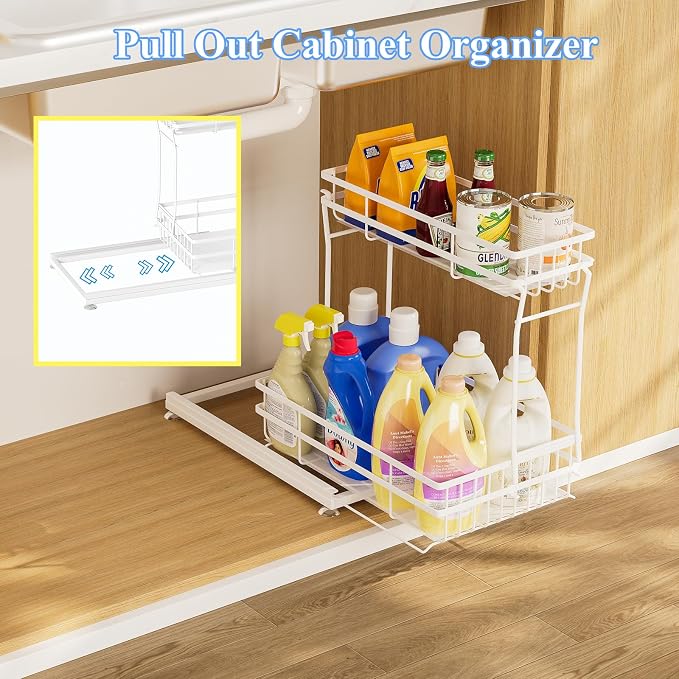 2 Pack Under Sink Organizers and Storage, 2 Tier Pull Out Cabinet Organizer, Metal Sliding Drawer Storage for Kitchen Bathroom, White - Image 2