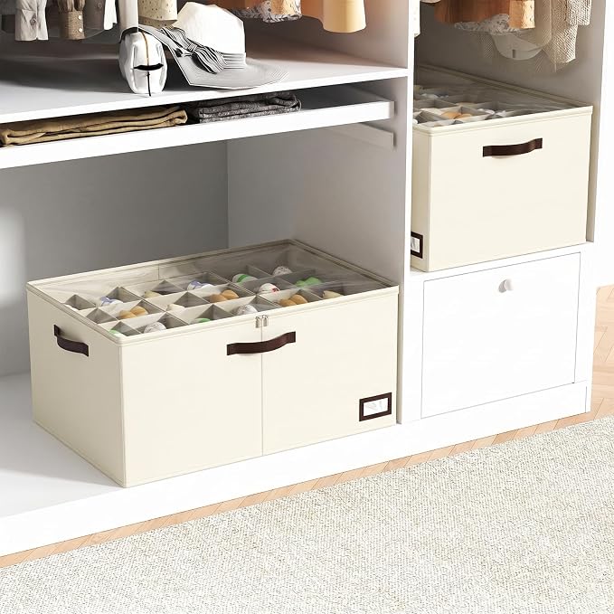 OIAHOMY 2 Pack Shoe Organizer for Closet, Large Foldable Shoe Storage Bins with Dividers and Reinforced Handles, Each Clear Cover Sneaker Box Fits Up to 24 Pairs for Entryway and Bedroom, Beige - Image 8