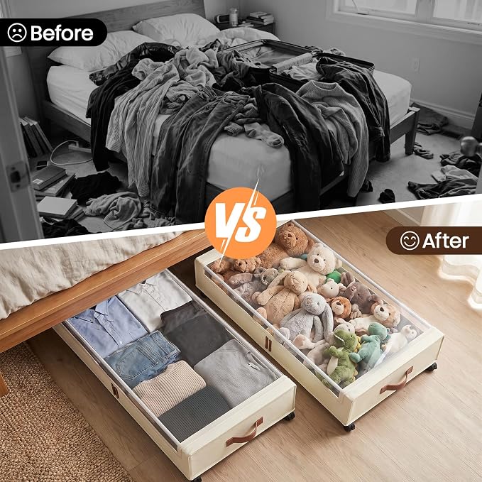 Yecaye 70L Large Under Bed Storage Containers with Wheels, 2 Pack, Beige | Larger Capacity, 360° Rolling Wheels, Clear Window & Label, Sturdy Fabric, Rolling Metal Drawers for Clothes, Shoes, Blankets - Image 7
