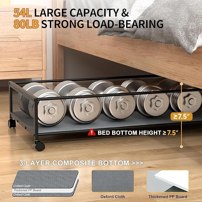 Under Bed Storage Containers with Wheels Large Underbed Shoes Blankets Clothes Toy Storage Drawers for College Dorms Bedrooms Nursery Rooms Organization (Grey 2 Pack, 7.5in height(36"x16.6"x7.48")) - Image 3