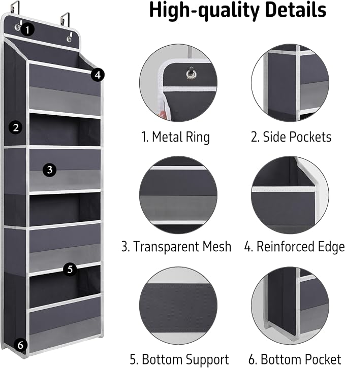 TYMENSH Gray Over Door Organizer with 4 Large Clear Pockets, Neutral Hanging Door Storage for Closet, Bathroom, Bedroom, Dorm, Nursery, Toys, Toiletries, Baby Essentials - Image 4
