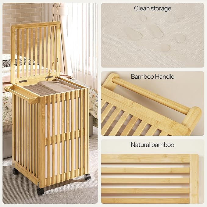 HOOBRO Laundry Hamper with Lid and Wheels, 120 L (31Gal) Double Laundry Basket, Bamboo Clothes Hamper with Handles and Removable Liner, for Laundry Room, Bathroom, Bedroom, Natural YL60XY01 - Image 4