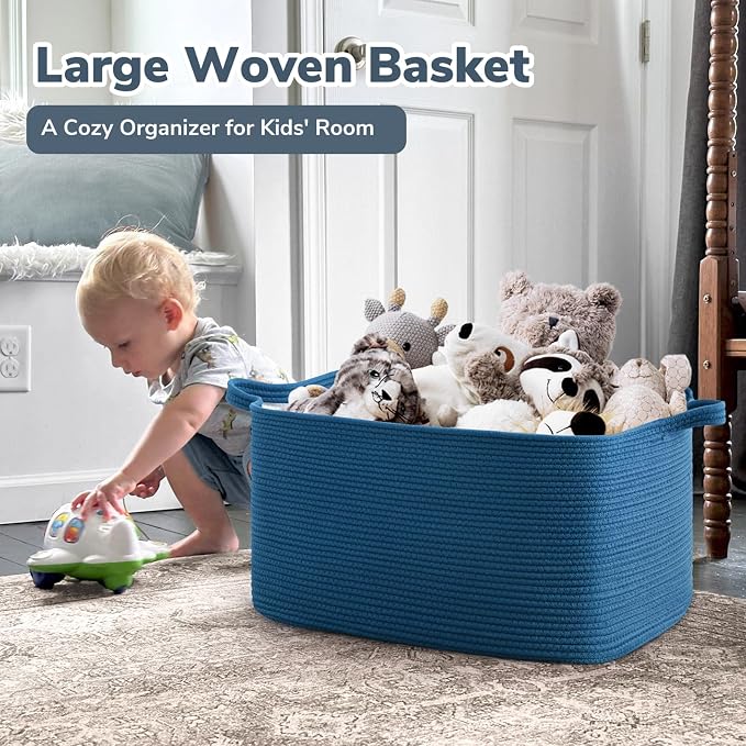 Goodpick Large Woven Rope Blanket Basket, Rectangle, Dark Blue - Image 2