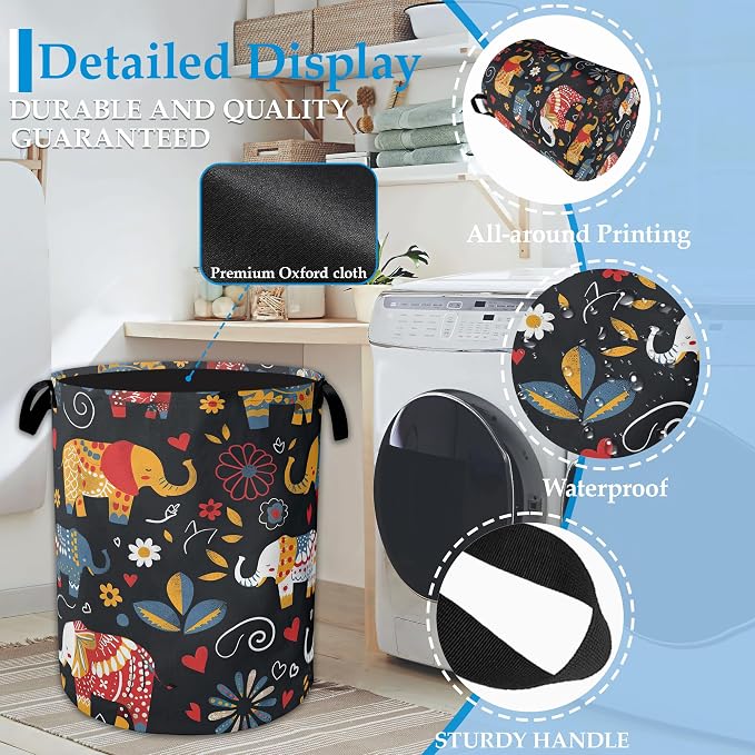Boho Elephant Laundry Basket Collapsible Laundry Hamper Clothes Storage Bin for Bathroom Bedroom Room Decor 16" X 20.8" - Image 3