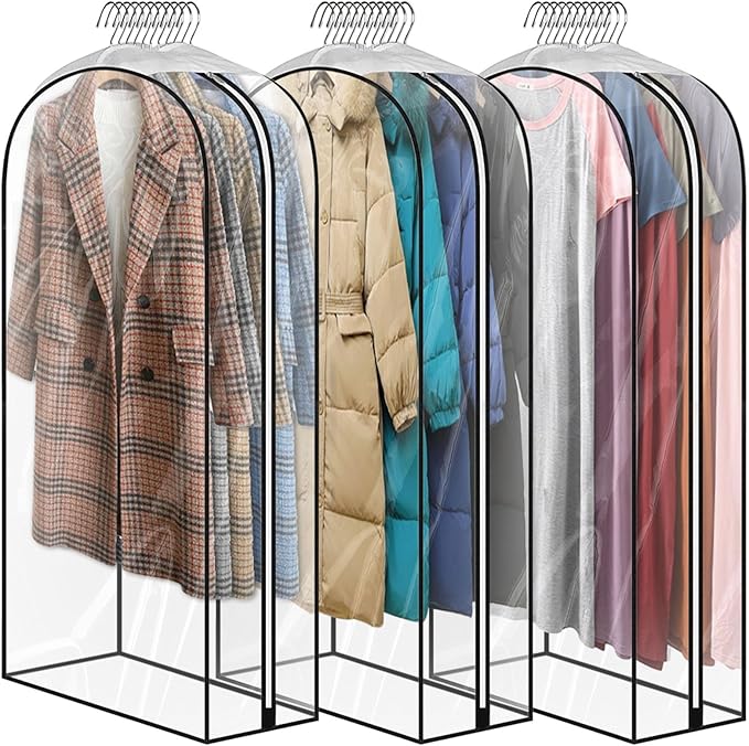 3 Pack 60" All Clear Garment Bags for Hanging Clothes Storage, 10" Gusseted Large Capacity Garment Rack Cover, Large Hanging Clothing Bag for Dress Gowns, Coats, Suit, Down Jacket by JUMBO+FILTER