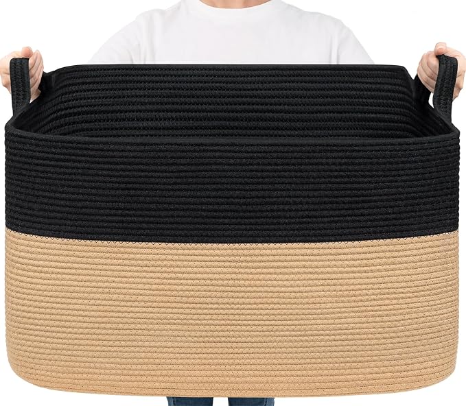 Goodpick 85L Large Woven Rope Blanket Basket, Rectangle, Black & Camel by Goodpick