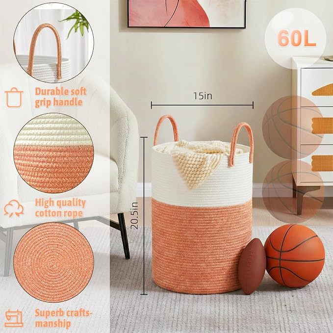 Laundry Basket,Woven Cotton Rope Laundry Hamper,60L for Decor Storage of Dirty Clothes,Toys and Blankets in Bathroom,Baby Room and Living Room - Image 6