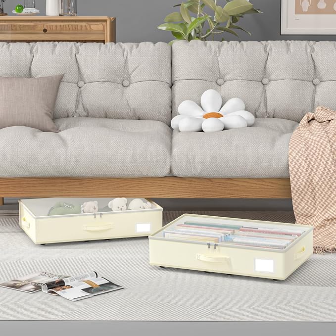 EE-RoomWorld Under Bed Storage with Wheels, No Assemble Required 5.5 inches height beige under bed storage bins,Low Profile Rolling Underbed Shoe Storage containers，dorm underbed storage drawers - Image 3