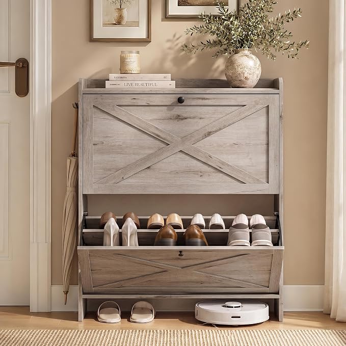 VASAGLE Narrow Shoe Storage Cabinet Organizer with 2 Flip Drawers | Freestanding Shoe Rack, Fits 14 to 16 Pairs, for Entryway, Farmhouse Style, Washed Gray, HAINS Collection UHSC203GD01S by VASAGLEbySONGMICSHOME