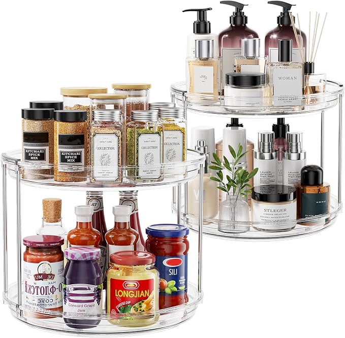 2 Pack 2 Tier Lazy Susan Turntable Organizer 9.25 inch, Rotating Spice Rack Organization for Cabinet, Bathroom, Pantry, Countertop, Kitchen, Vanity, Medicine Cabinet Organizer, Clear by Pantasia