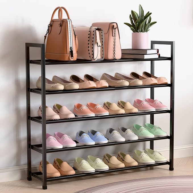 Bumusty 5 Tier Expandable Shoe Rack for Closet, Black | 18"-33" Adjustable Shoe Rack for Entryway, Small Shoe Organizer for Dorm, Front Door, Sturdy Metal - Image 7