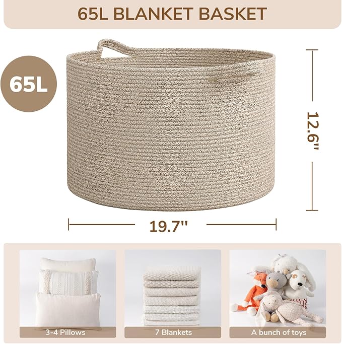 INDRESSME Large Woven Wicker Blanket Basket Living Room, 65L - Image 2