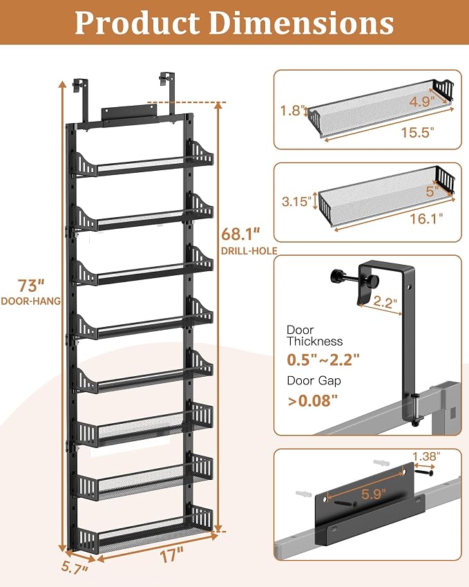 POKIPO 8-Tier Over the Door Pantry Organizer, Large Metal Door Spice Rack with Adjustable Basket, 2 in 1 Wall Mount or Hanging Heavy-Duty Pantry Door Storage Shelf for Kitchen and Bathroom, Black - Image 6