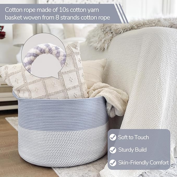 INDRESSME XXXLarge Woven Rope Blanket Basket Living Room Blue, 90L - Image 2