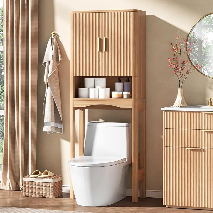 Vabches Farmhouse Over the Toilet Storage Cabinet with 2 Fluted Doors, Oak - Image 6