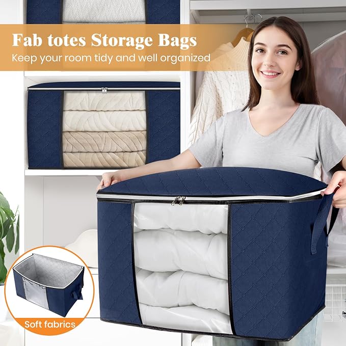 Fab totes 90L Clothes Storage, Foldable Thick Fabric Blanket Storage Bags | Foldable Containers with Zippers,Window and Handles for Organizing Bedroom, Closet, Comforter, Bedding,Dorm essentials - Image 5