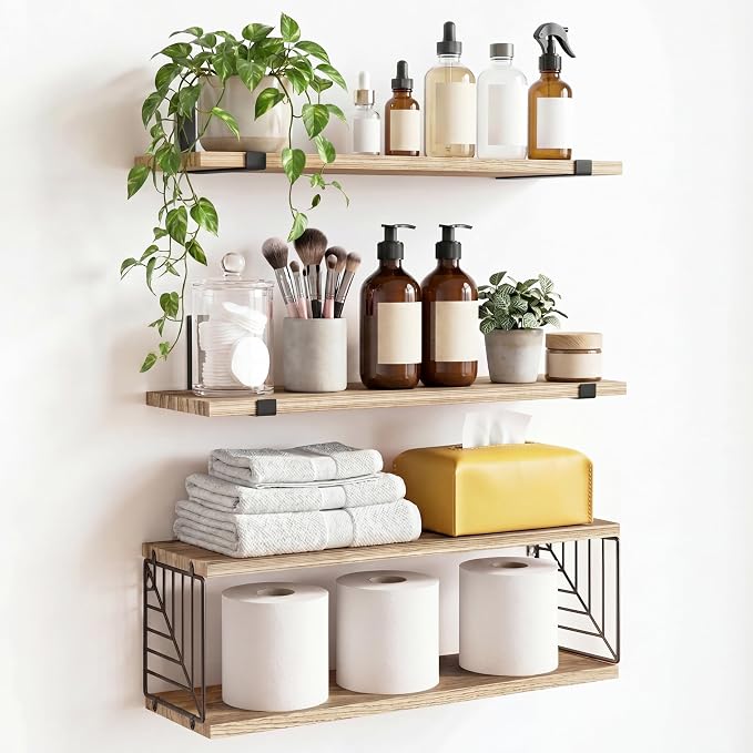 Fixwal 3+1 Tier Bathroom Floating Shelves Over Toilet, Light Brown by Fixwal